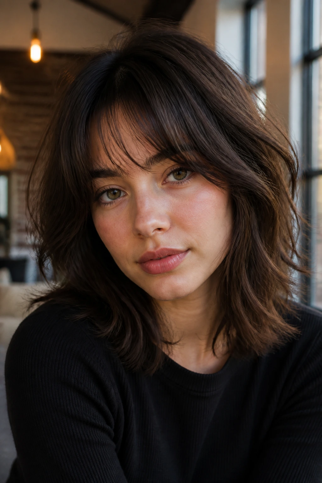 Close-up of choppy midi with bottleneck bangs on a real person