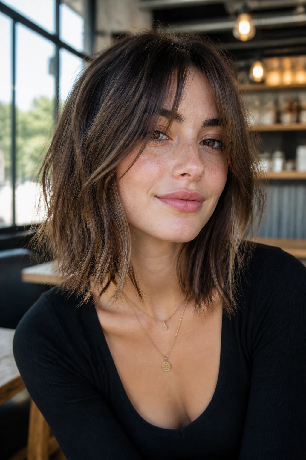 Close-up of a real person with a choppy mid-length hairstyle and piecey ends