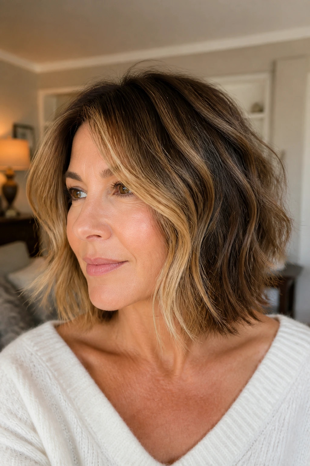 Close-up of a real woman with a choppy midi cut and face-framing pieces