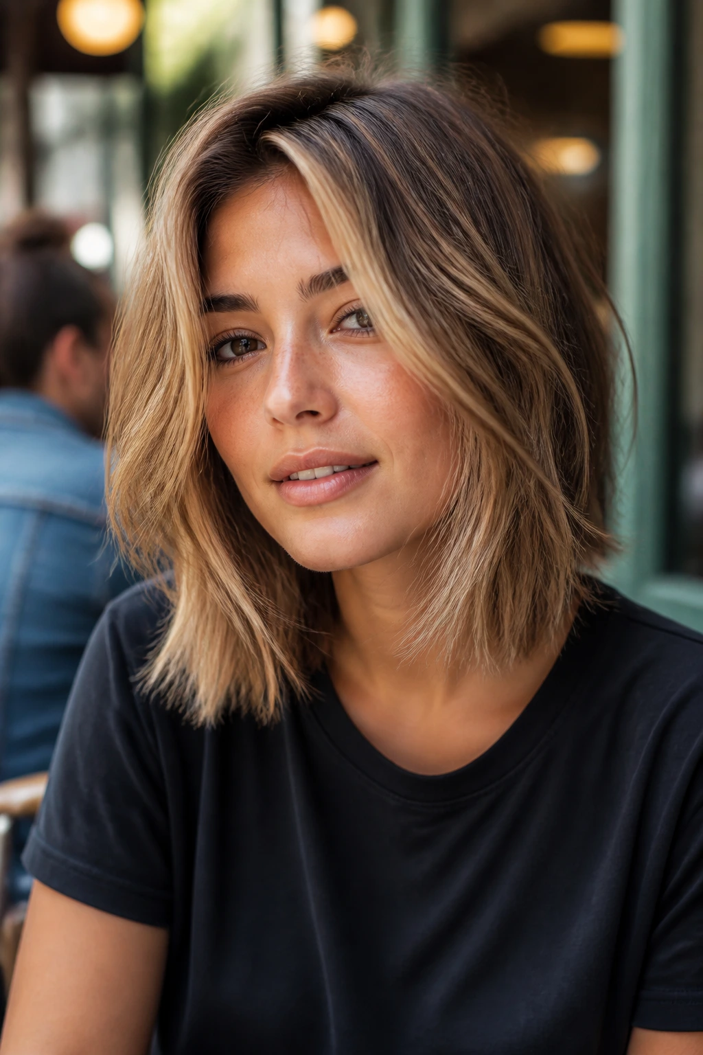 Portrait of a woman with a choppy mid-length haircut with piecey ends