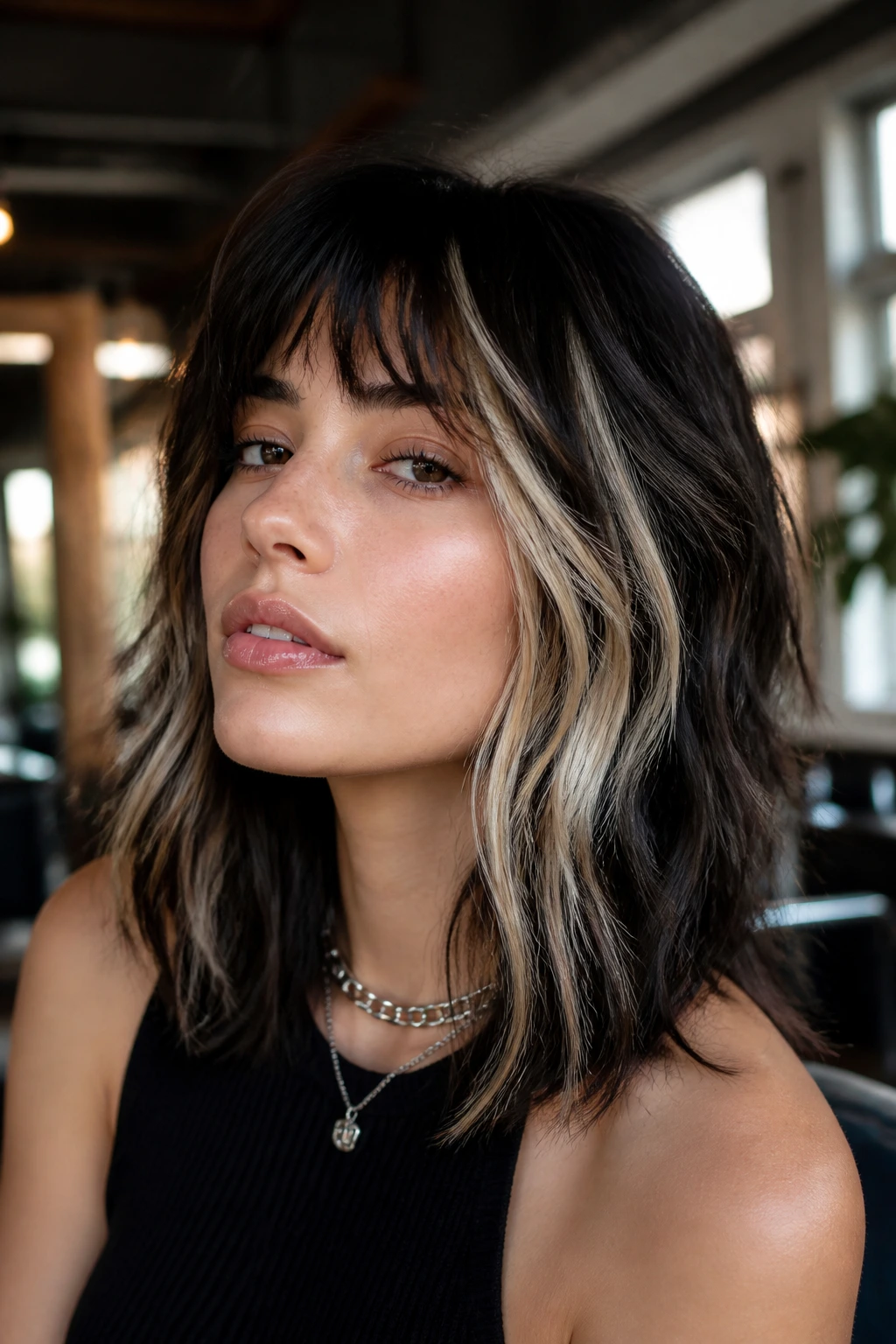 Close-up portrait of a real woman with choppy midi shag and chunky beige panels on dark hair, warm salon lighting.