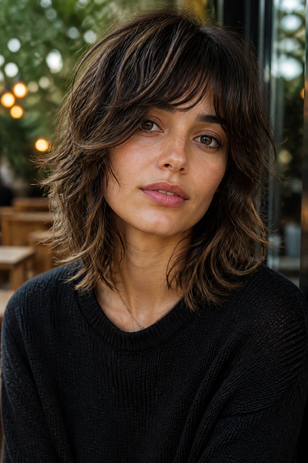 Close-up portrait of a real woman with a choppy midi shag and piecey ends