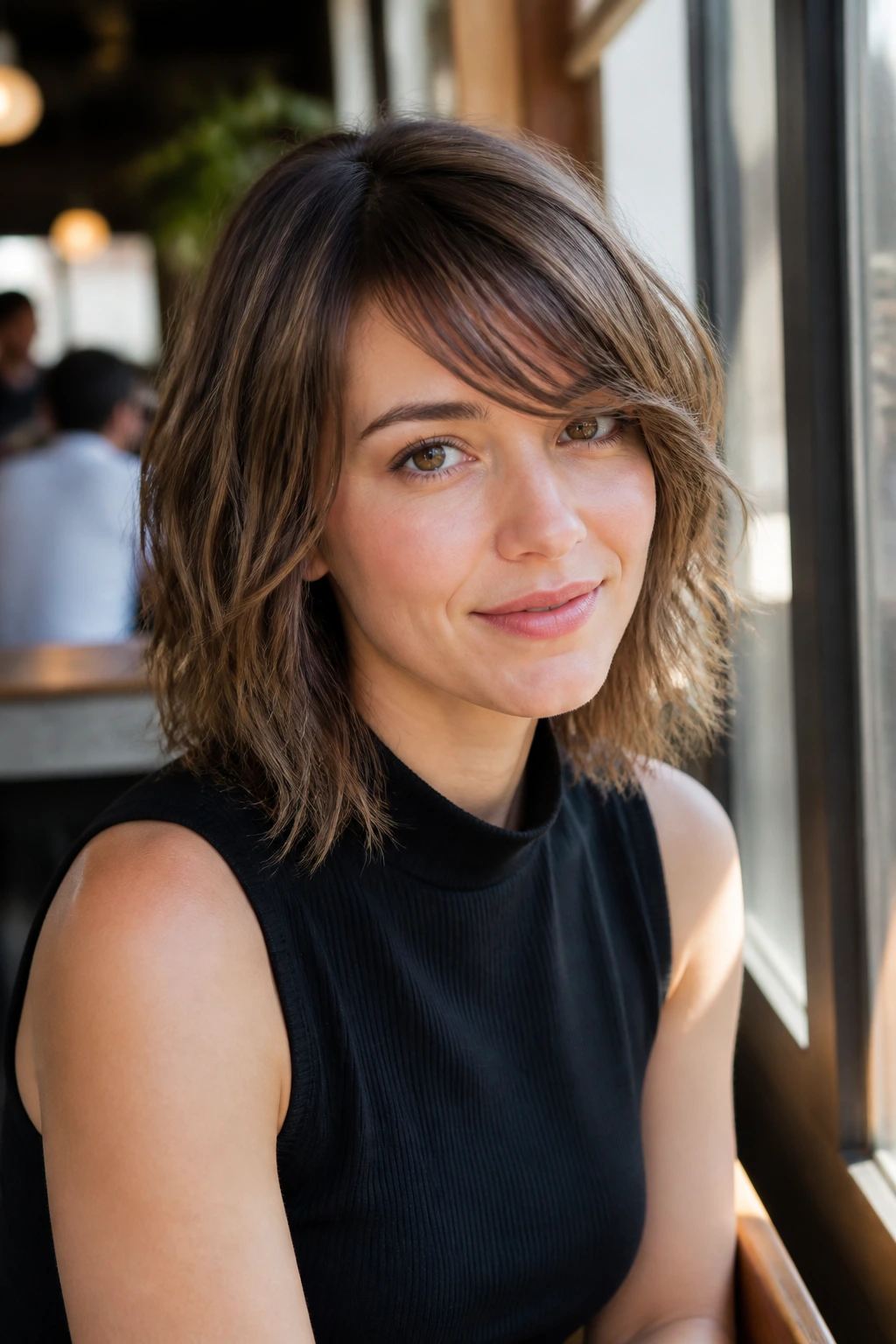 Close-up of a woman with a choppy midi cut and side fringe in warm cafe light
