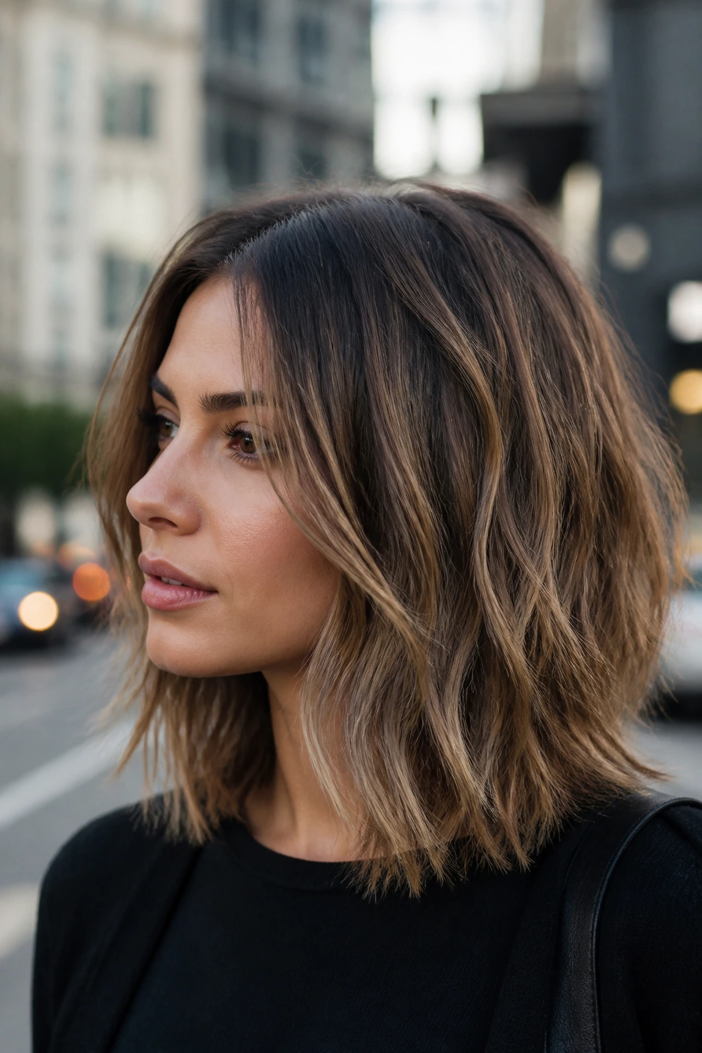Real woman with choppy midi and sliced ends