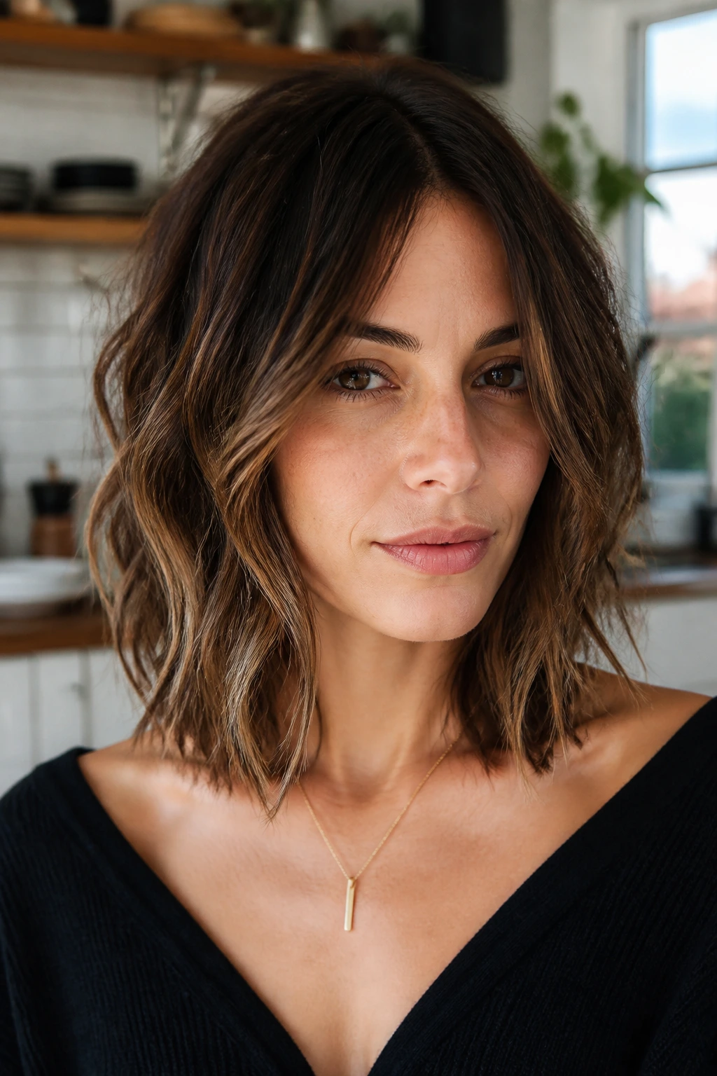 Close-up portrait of a real woman with shoulder-length choppy mid-length hair showing textured ends.