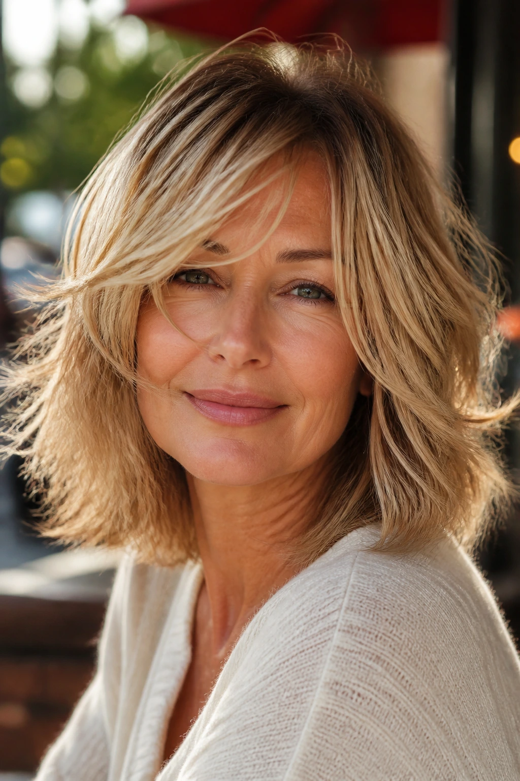 Close-up of a woman with a choppy midi and wind-swept bangs.