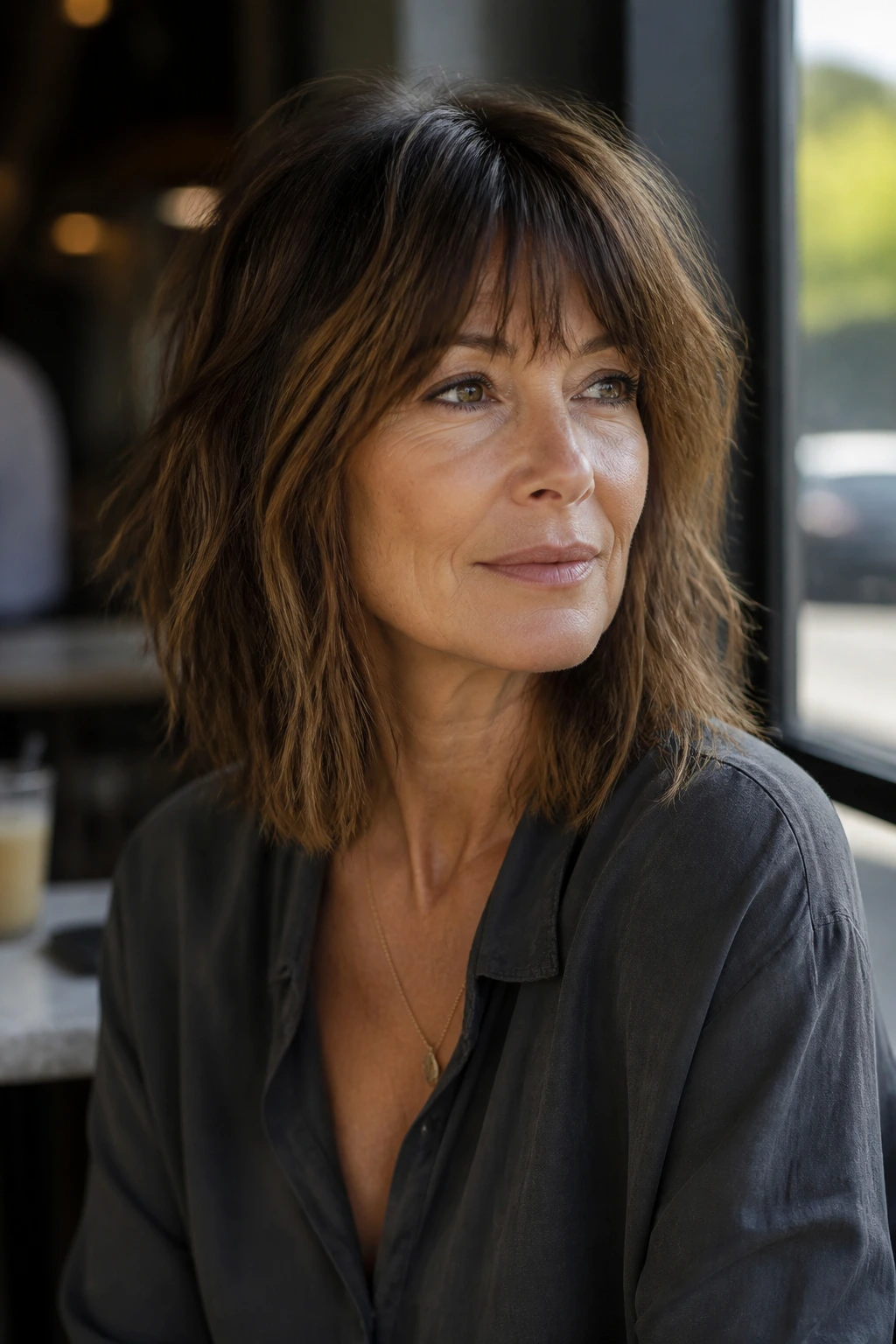 Medium close-up of a real woman with choppy midlength layers and textured bangs.
