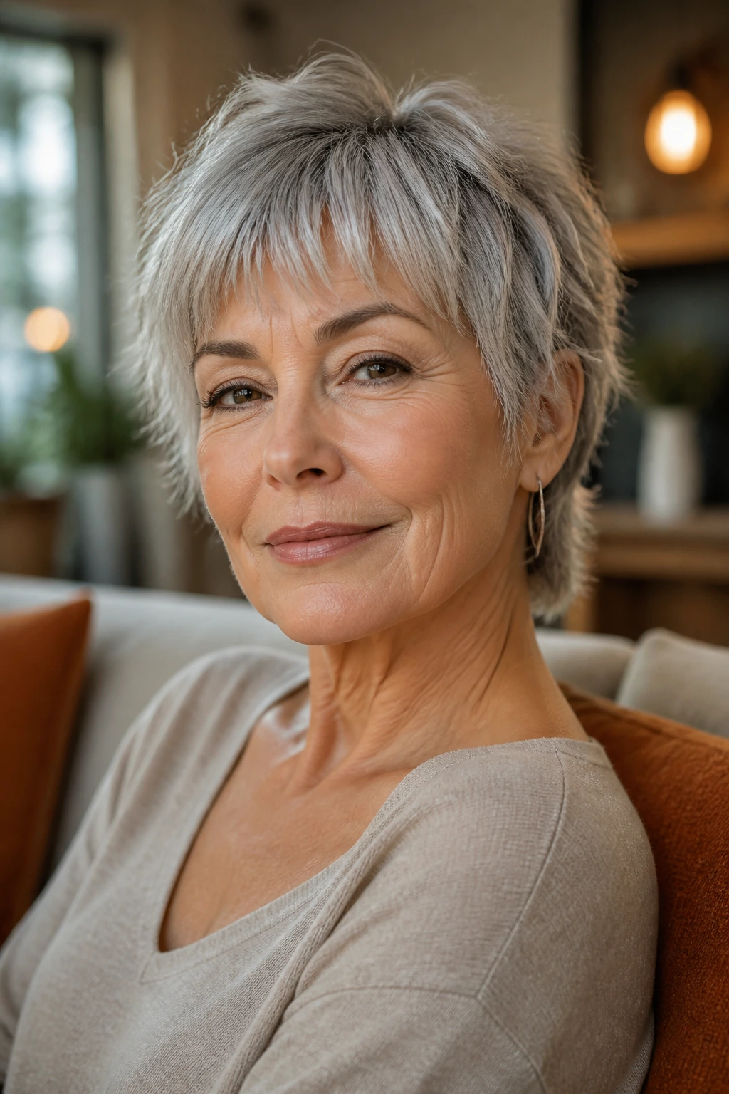 Close-up of an older woman with a choppy mini shag hairstyle featuring short textured layers and broken fringe.