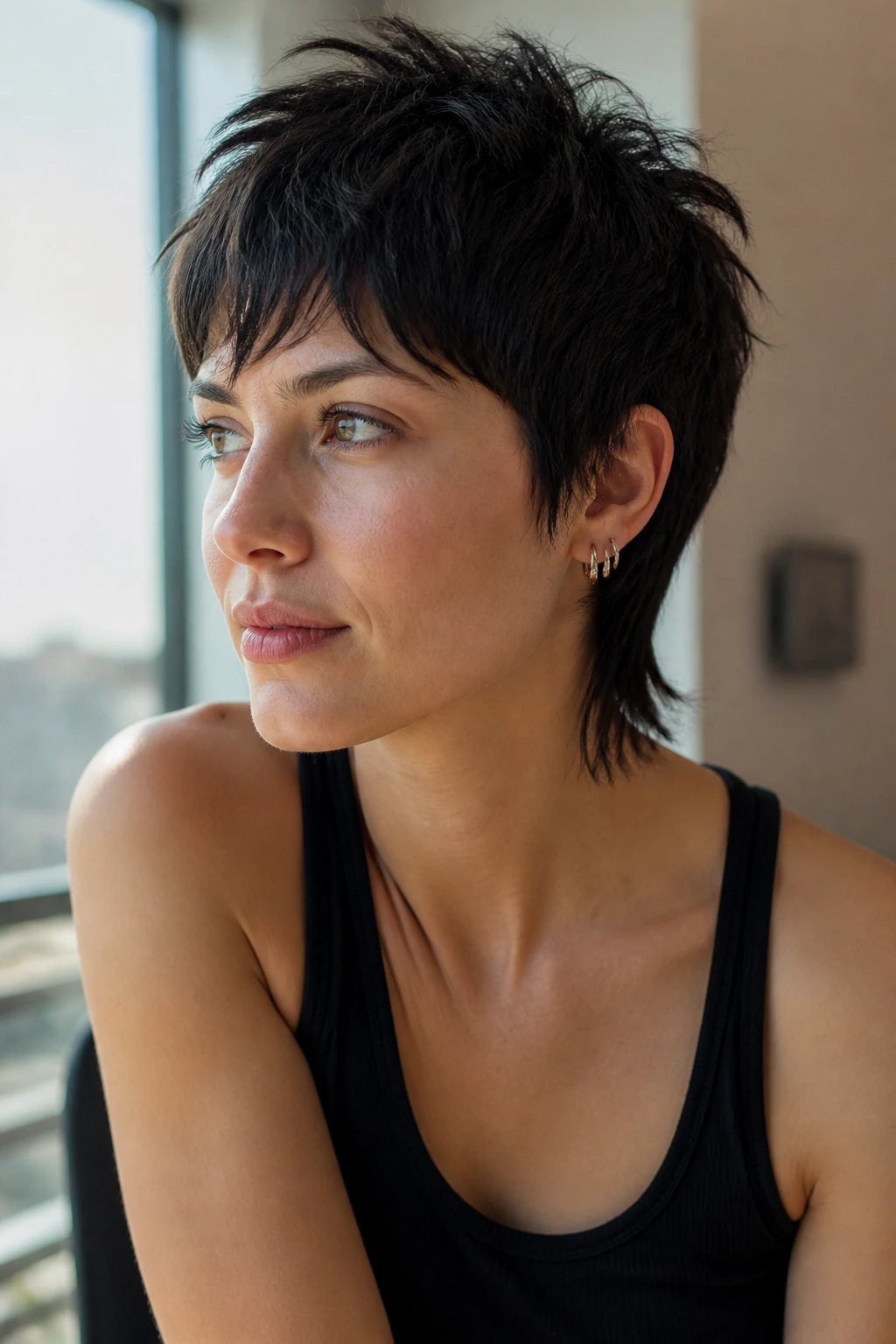Close-up portrait of a real woman with a choppy mullet-edge pixie hairstyle