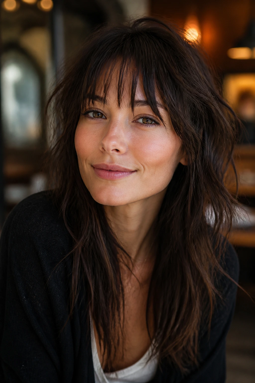 Close-up of a real woman with choppy piecey bangs
