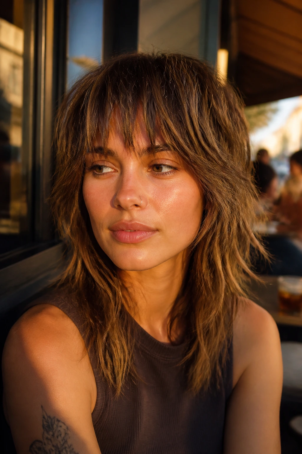 Close-up of a woman with choppy piecey bangs in shag finish