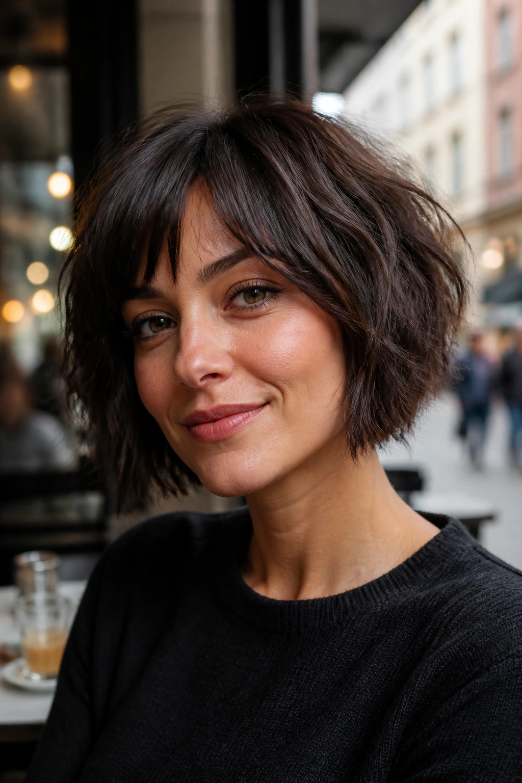Close-up portrait of a real woman with a choppy piecey bob and textured ends.