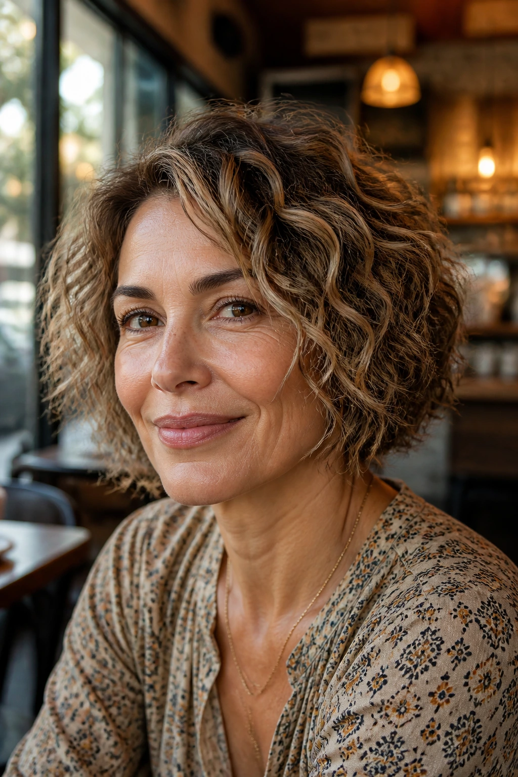 Close-up of a real woman with a choppy piecey bob in a warm cafe setting