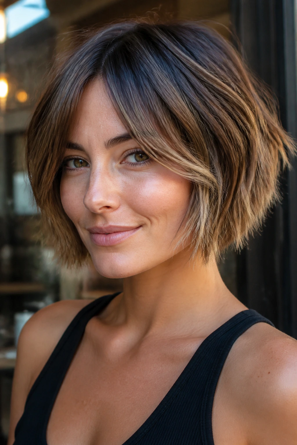 Close-up of a real woman with a choppy piecey bob and cheekbone highlights in cafe light
