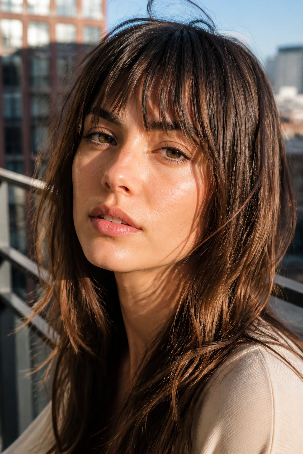 Close-up of a real woman with choppy piecey fringe in afternoon sunlight
