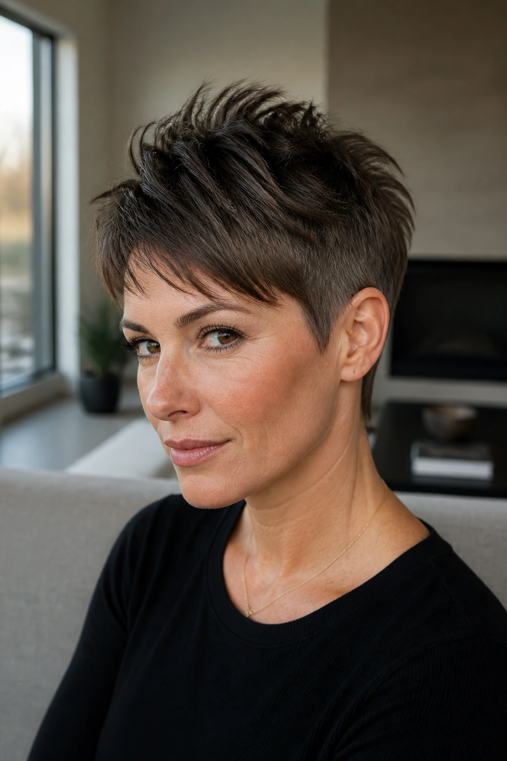 Close-up of a real woman with a choppy pixie showing crown lift.