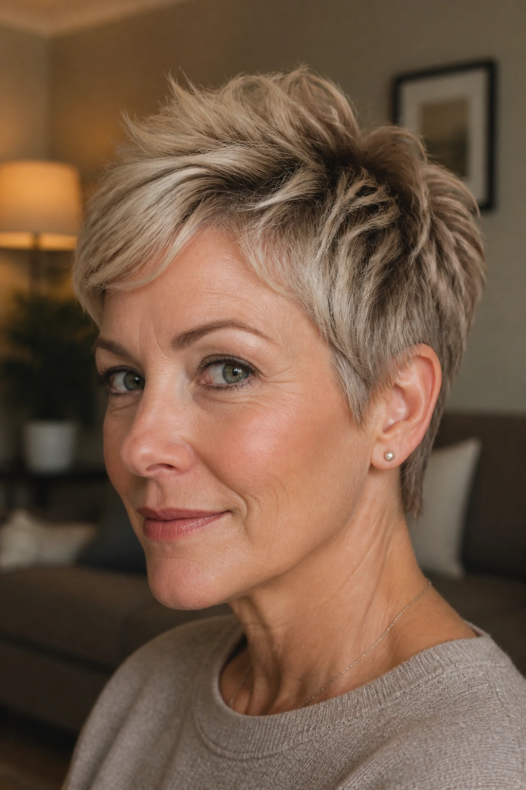 Close-up of a real woman with a choppy pixie and crown lift
