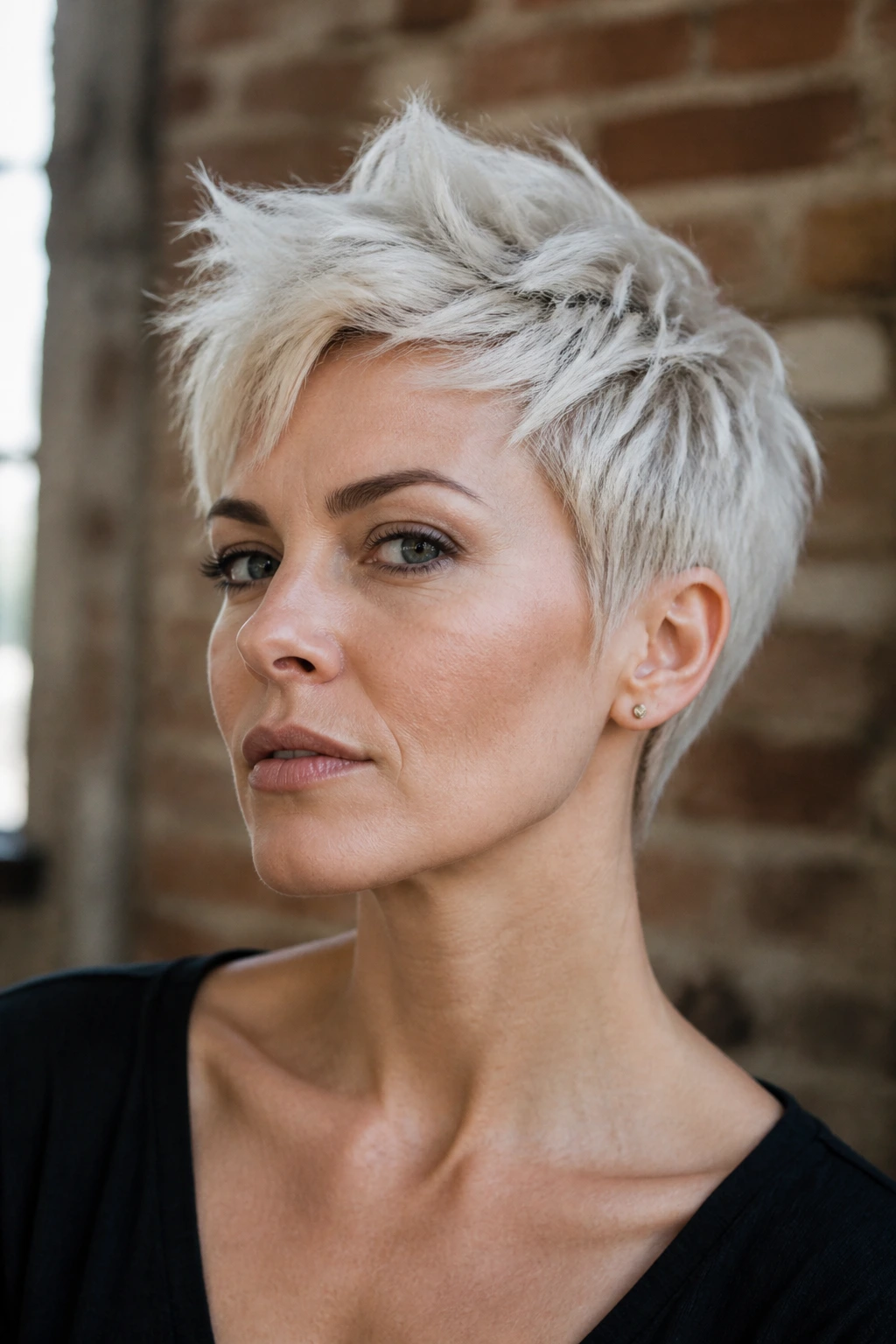 Real woman with choppy platinum pixie and piecey crown in loft daylight