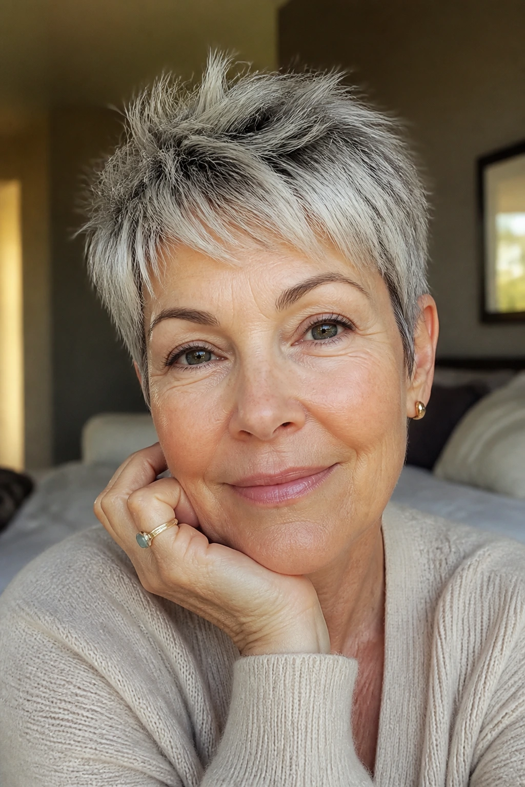 Close-up portrait of a real woman with a choppy pixie cut in warm window light