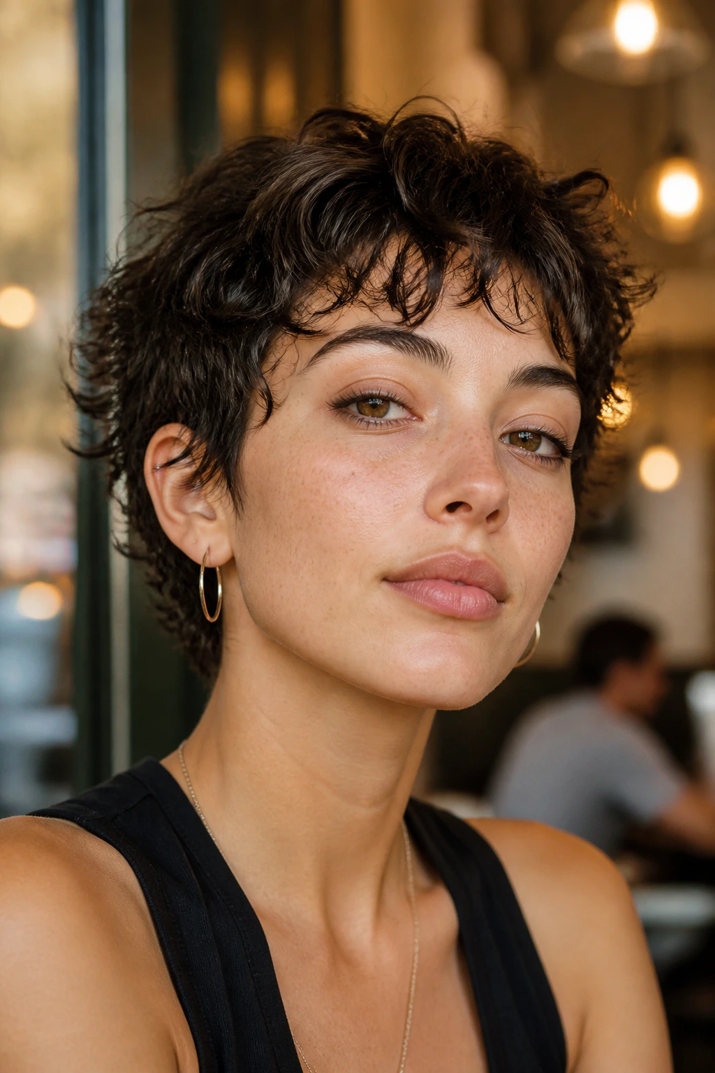 Portrait of a real person with a choppy cropped pixie and piecey ends in cafe window light.