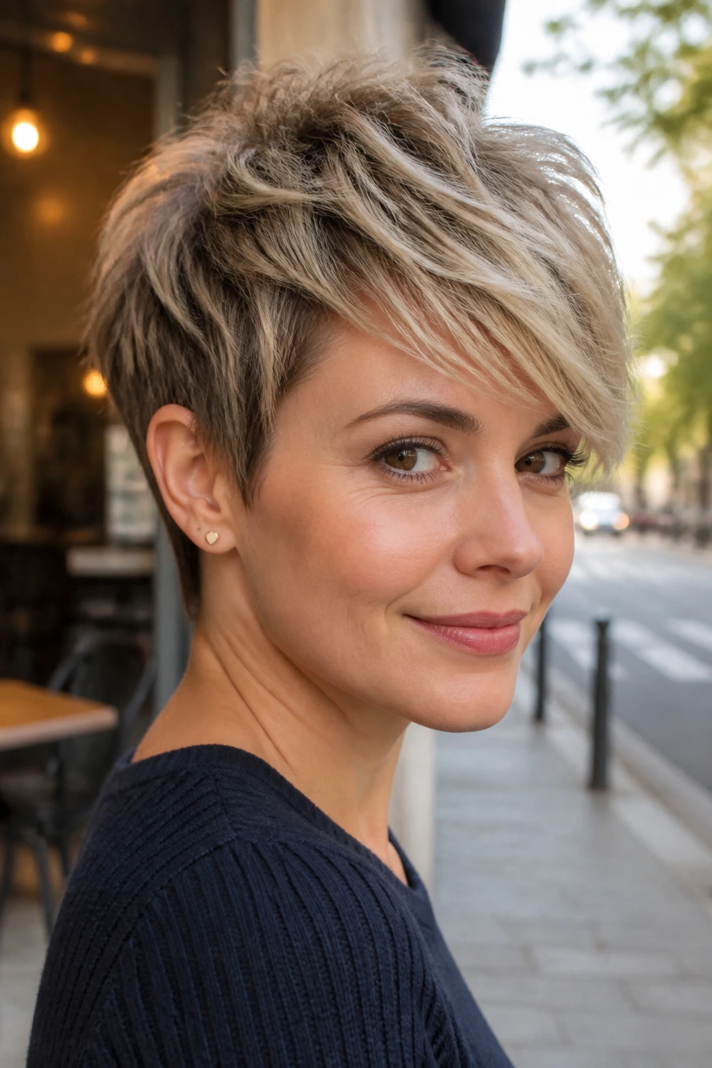 Portrait of a real woman with a choppy pixie and a long top hairstyle