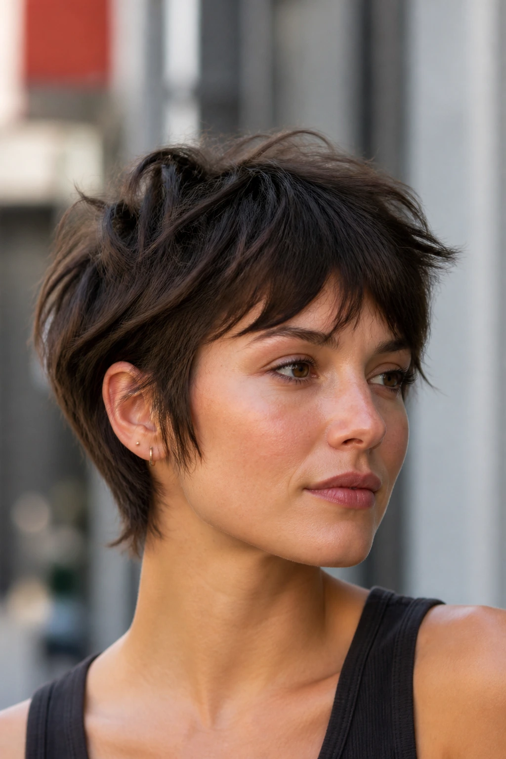 Close-up of a real woman with a choppy pixie shag outdoors in soft daylight