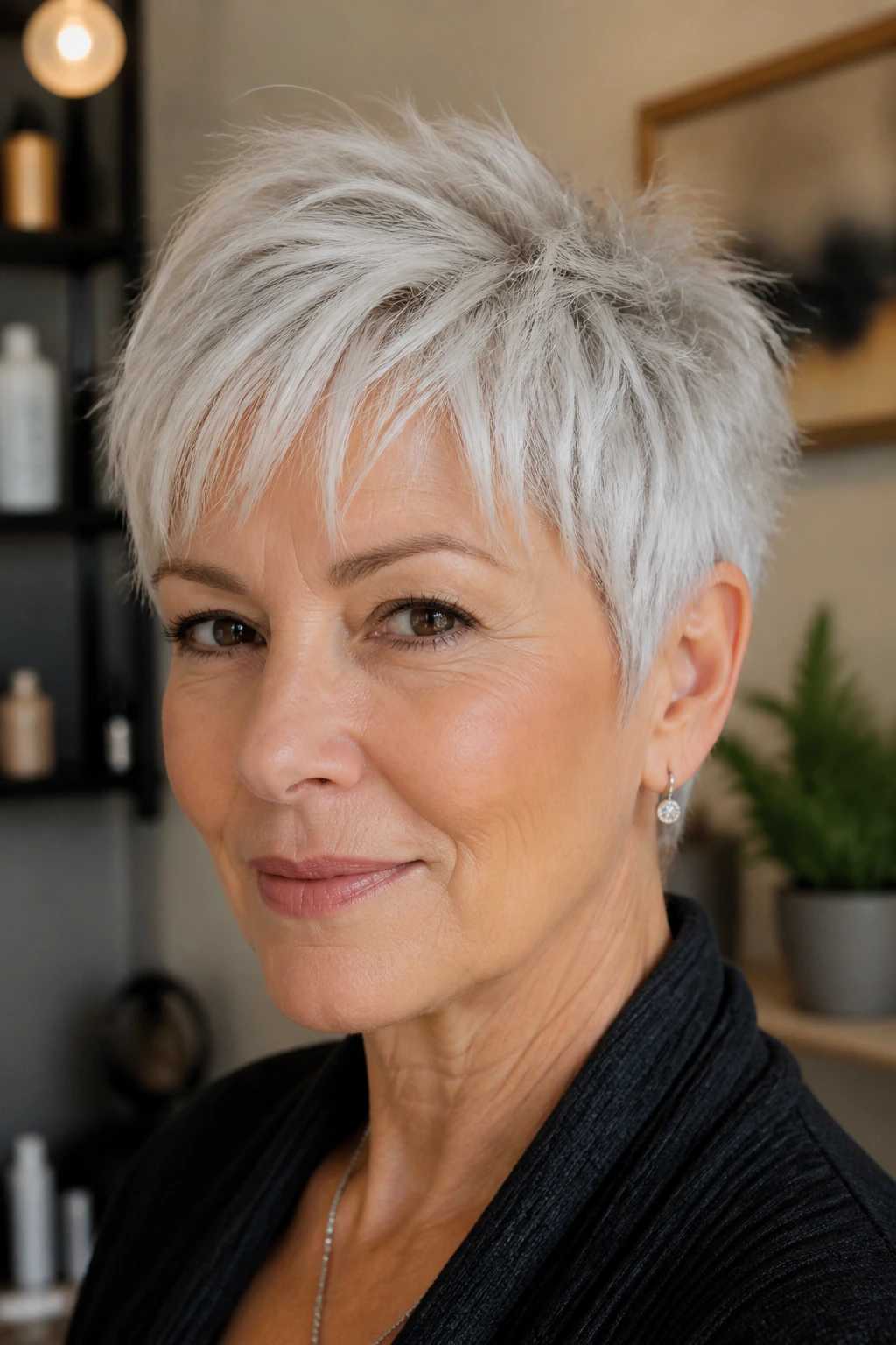 Real woman with choppy pixie cut and silver hair showing defined separation