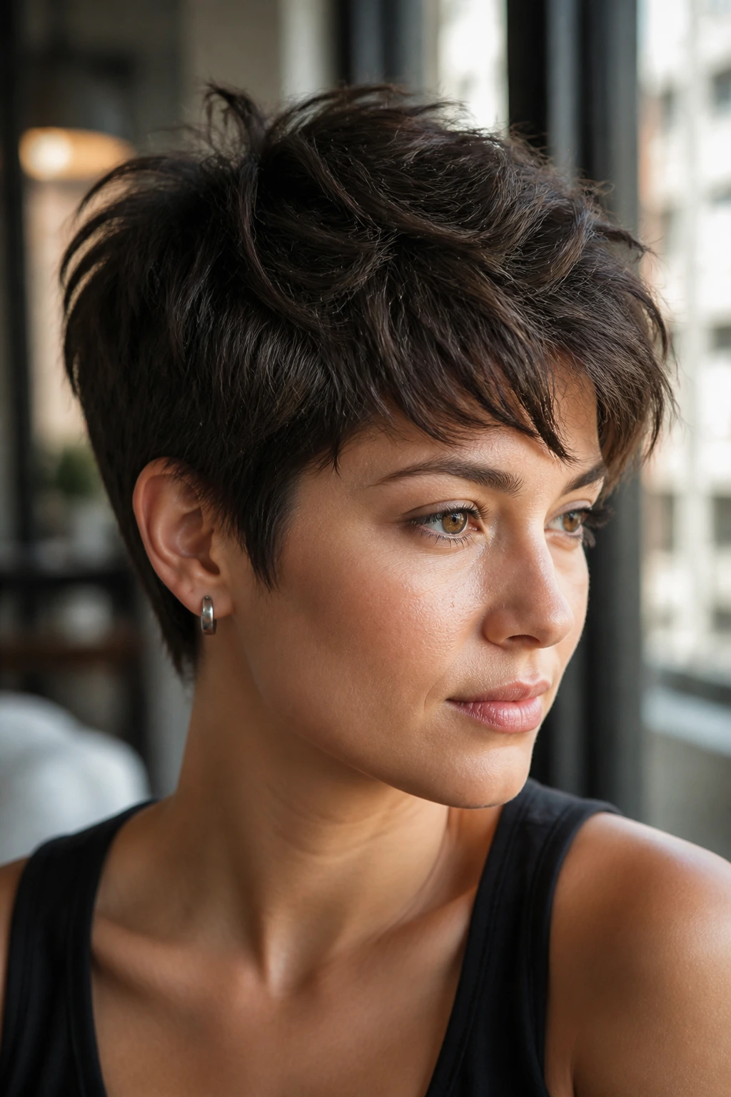 Close-up portrait of a real woman with a choppy textured pixie on thick hair.