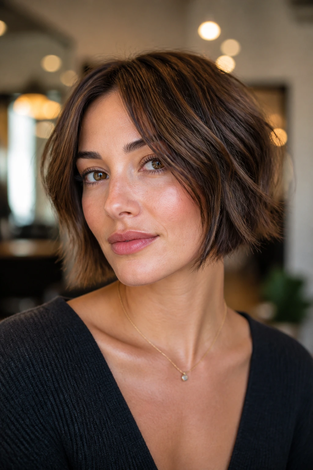 Close-up of a real woman showing a choppy point-cut boyfriend bob with textured ends.