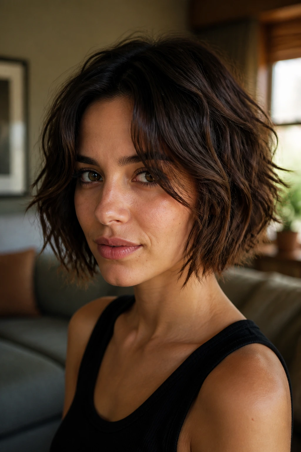 Close-up portrait of a real woman with a choppy razor bob in warm window light