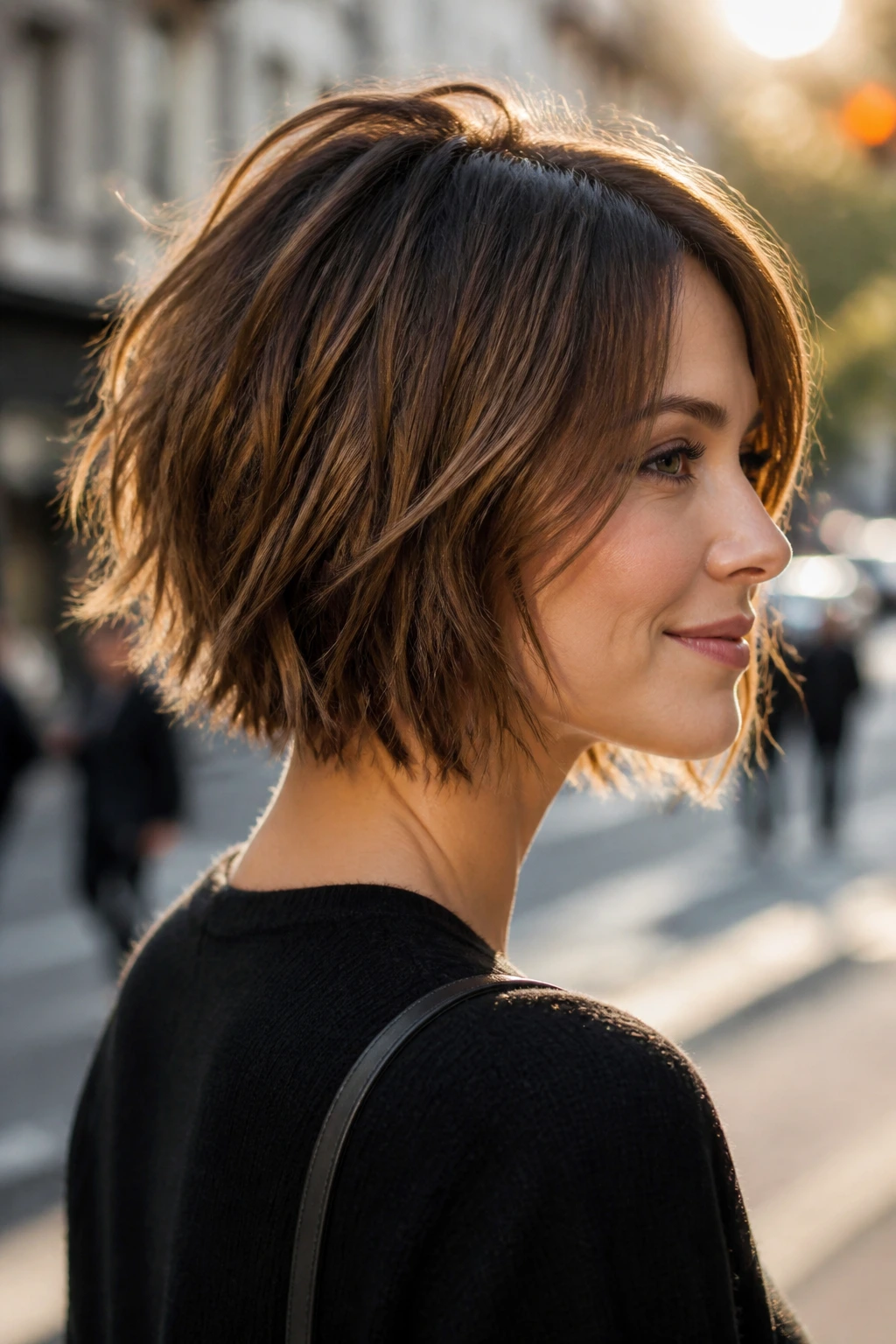 Three-quarter view of a real woman with a choppy razor-lite textured bob