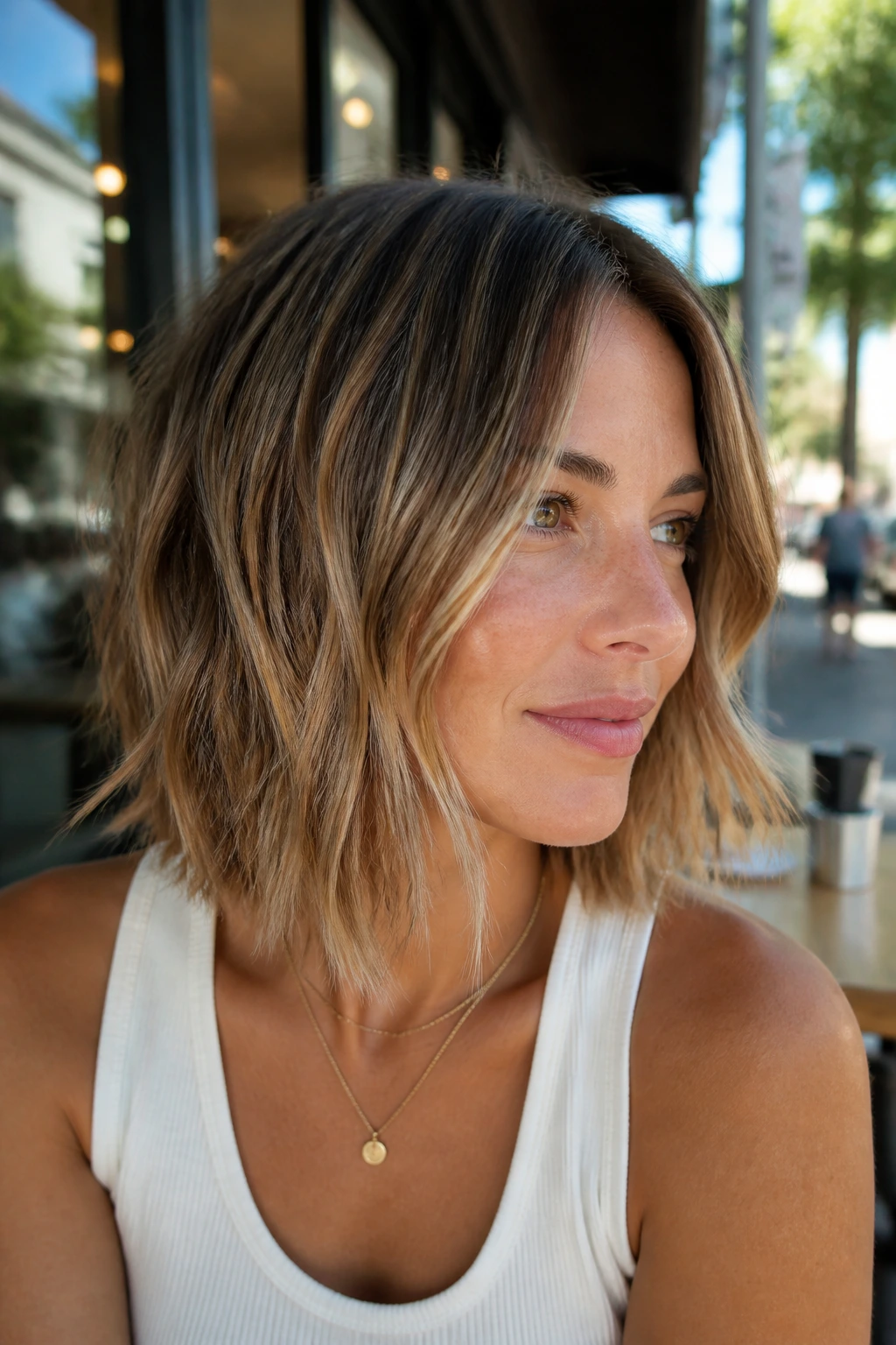 Close-up of a real person with a choppy razor lob and tapered ends in natural light