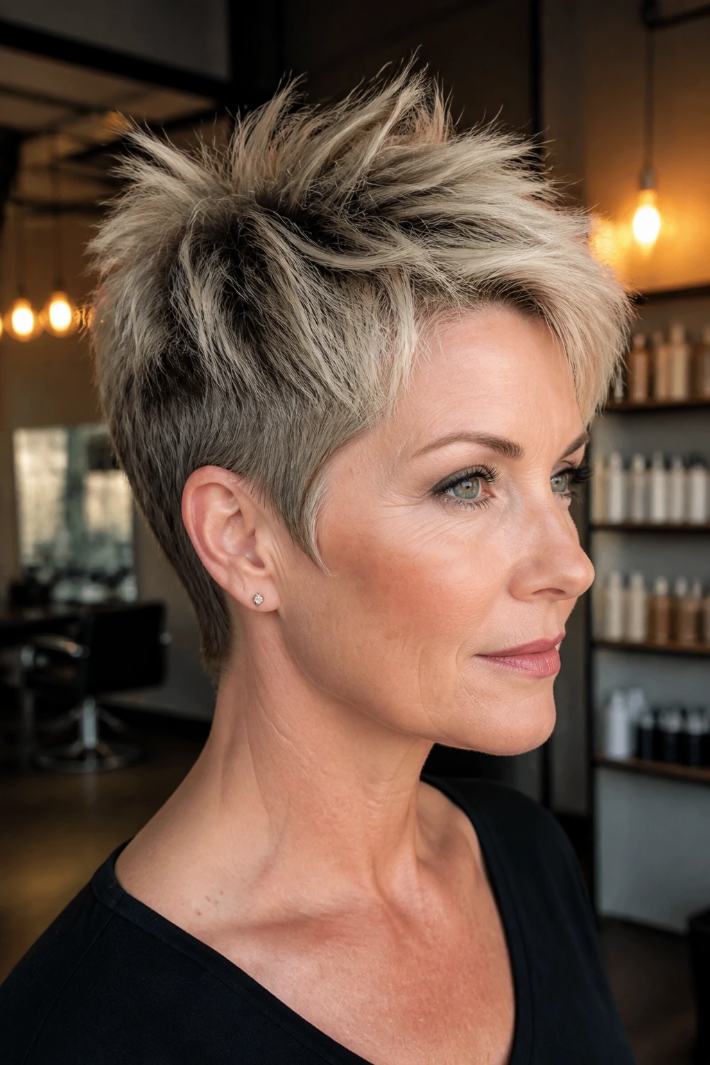 Close-up of a real person with a choppy razor pixie and crown lift.