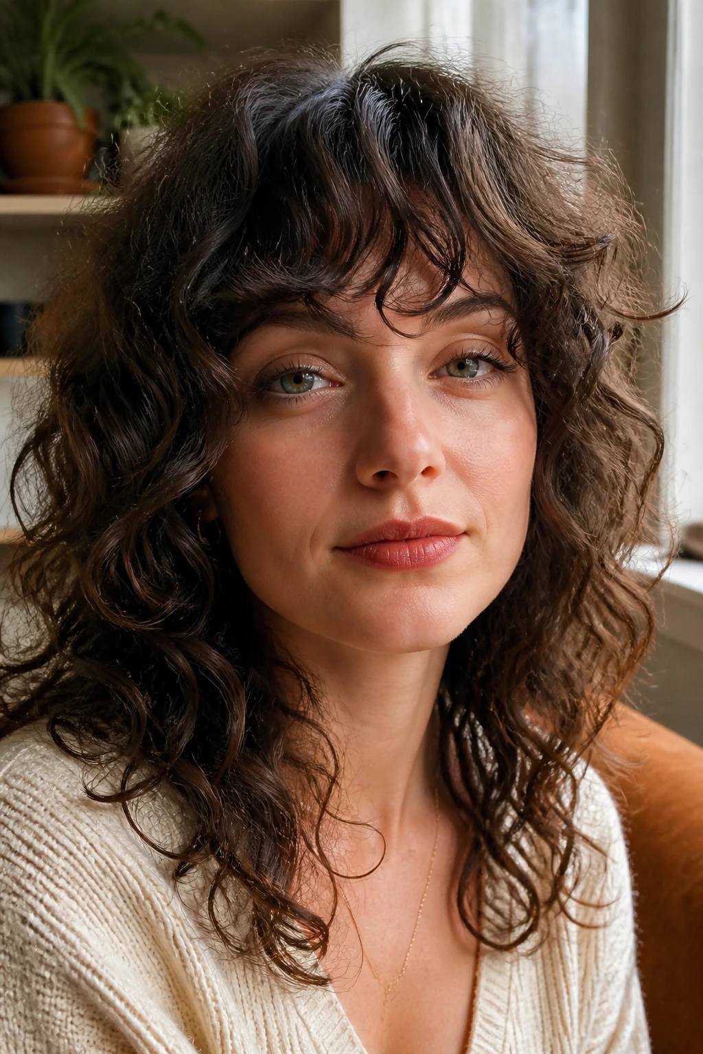 Close-up of a real woman with choppy shag bangs and curly hair in window light