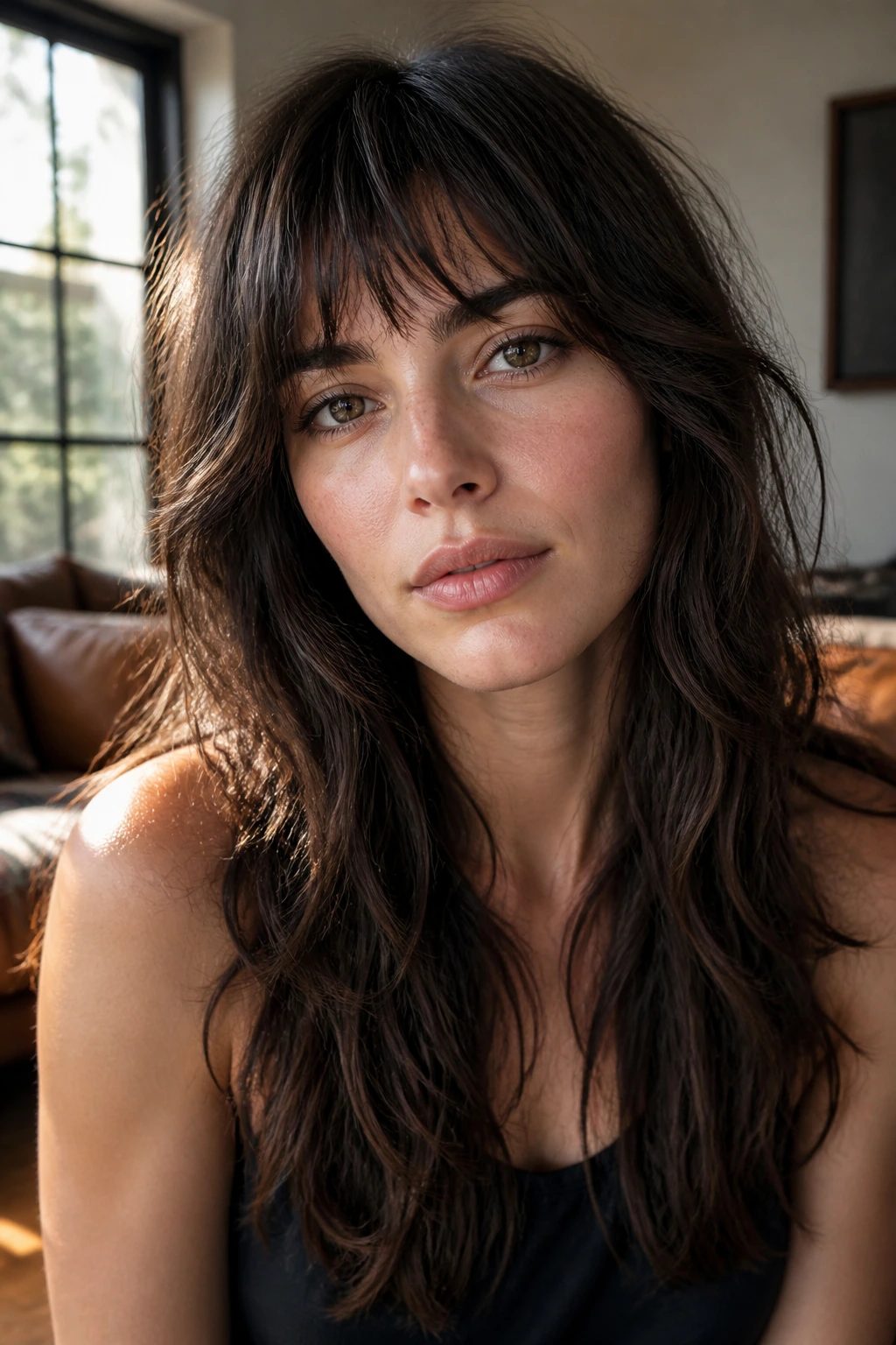 Real woman with choppy shag bangs featuring uneven center fringe and textured layers.