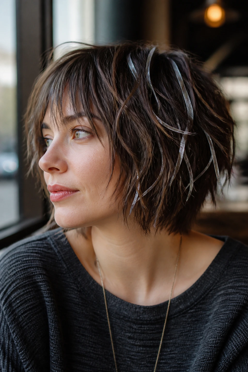 Close-up of a real woman with a choppy shag bob and silver ribbons