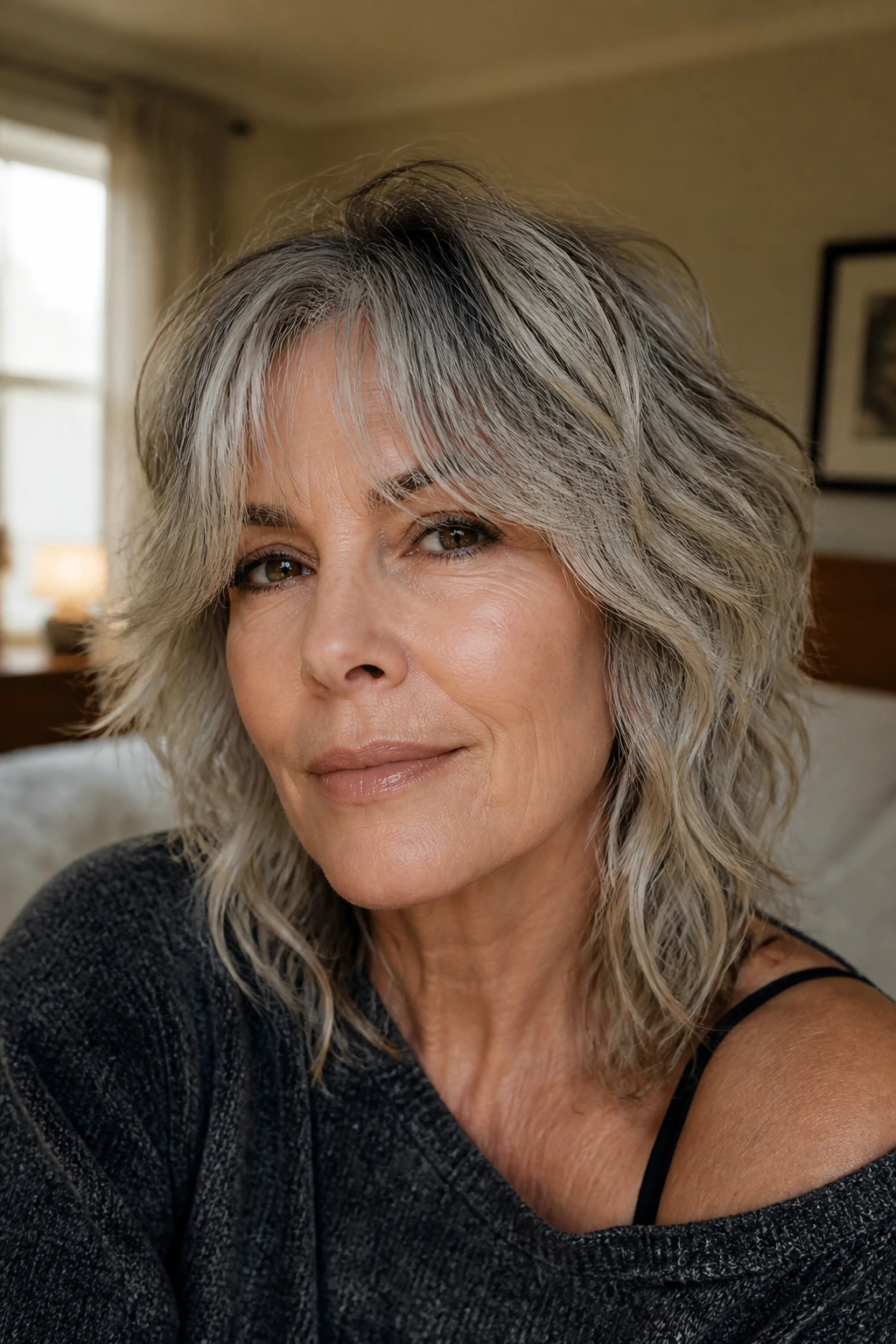 Close-up of a real woman with a choppy shag and curtain fringe in a cozy bedroom