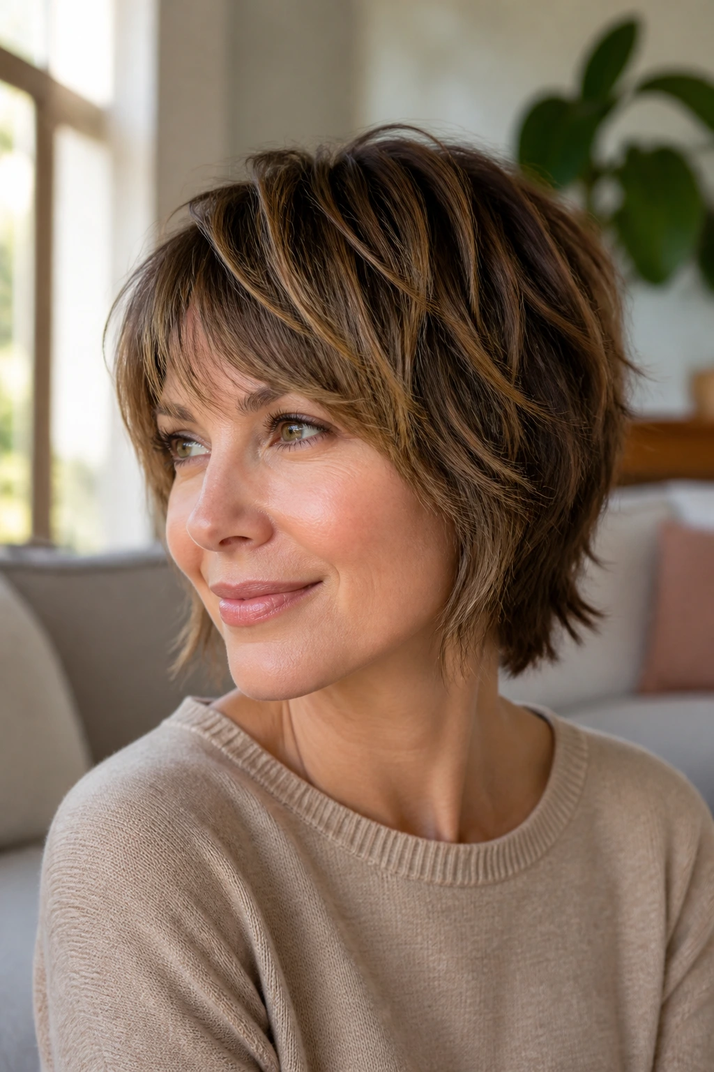 Close-up portrait of a woman with choppy shag for fine hair and caramel ribbons.