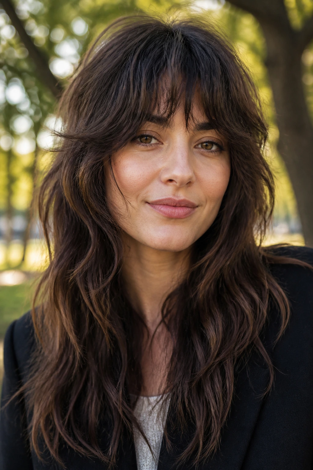 Portrait of a woman with choppy shag fringe and face-framing layers