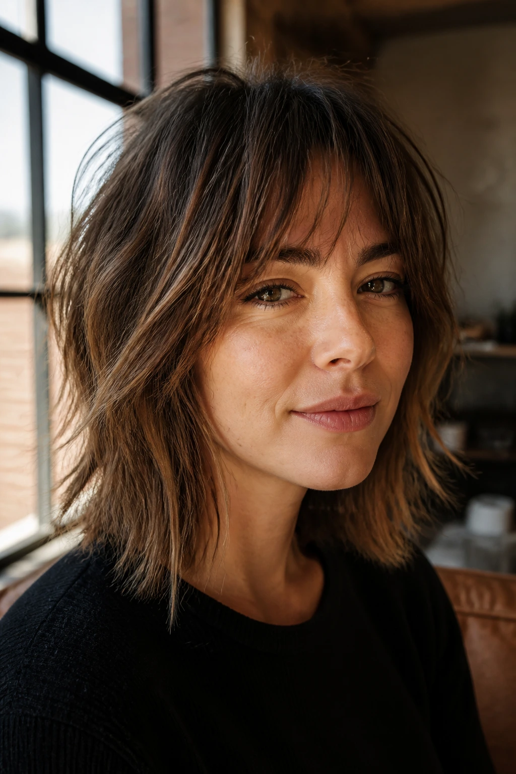 Close-up of a real woman with choppy ends and soft textured layers on a lob.
