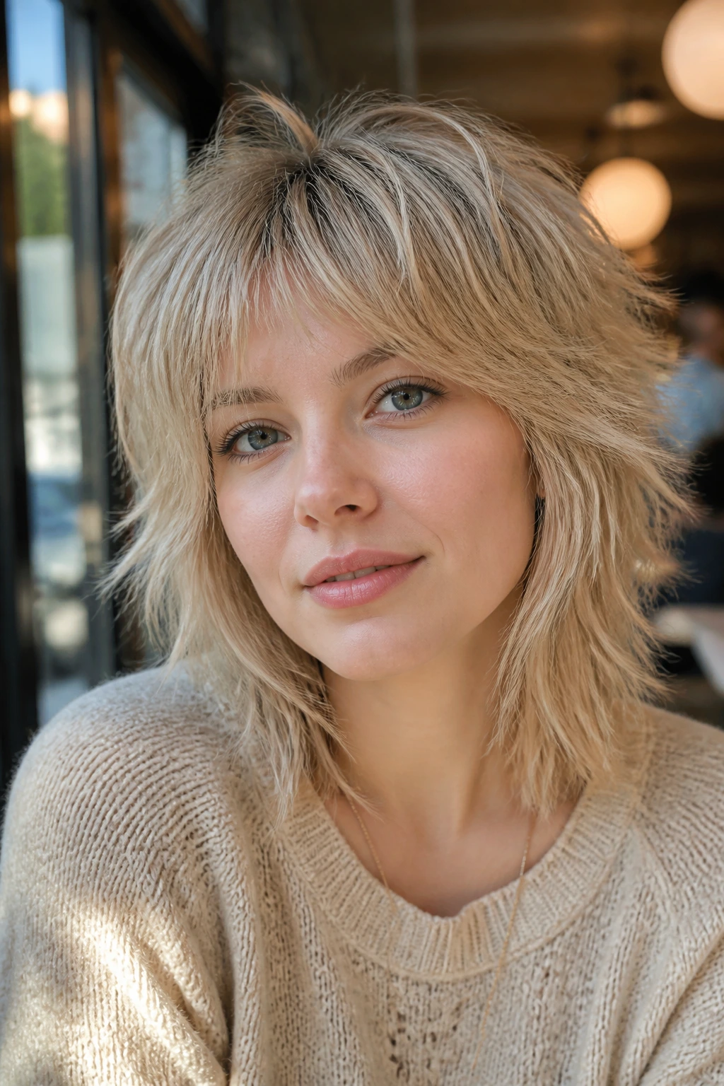 Portrait of a real woman with a choppy shag in oat blonde.