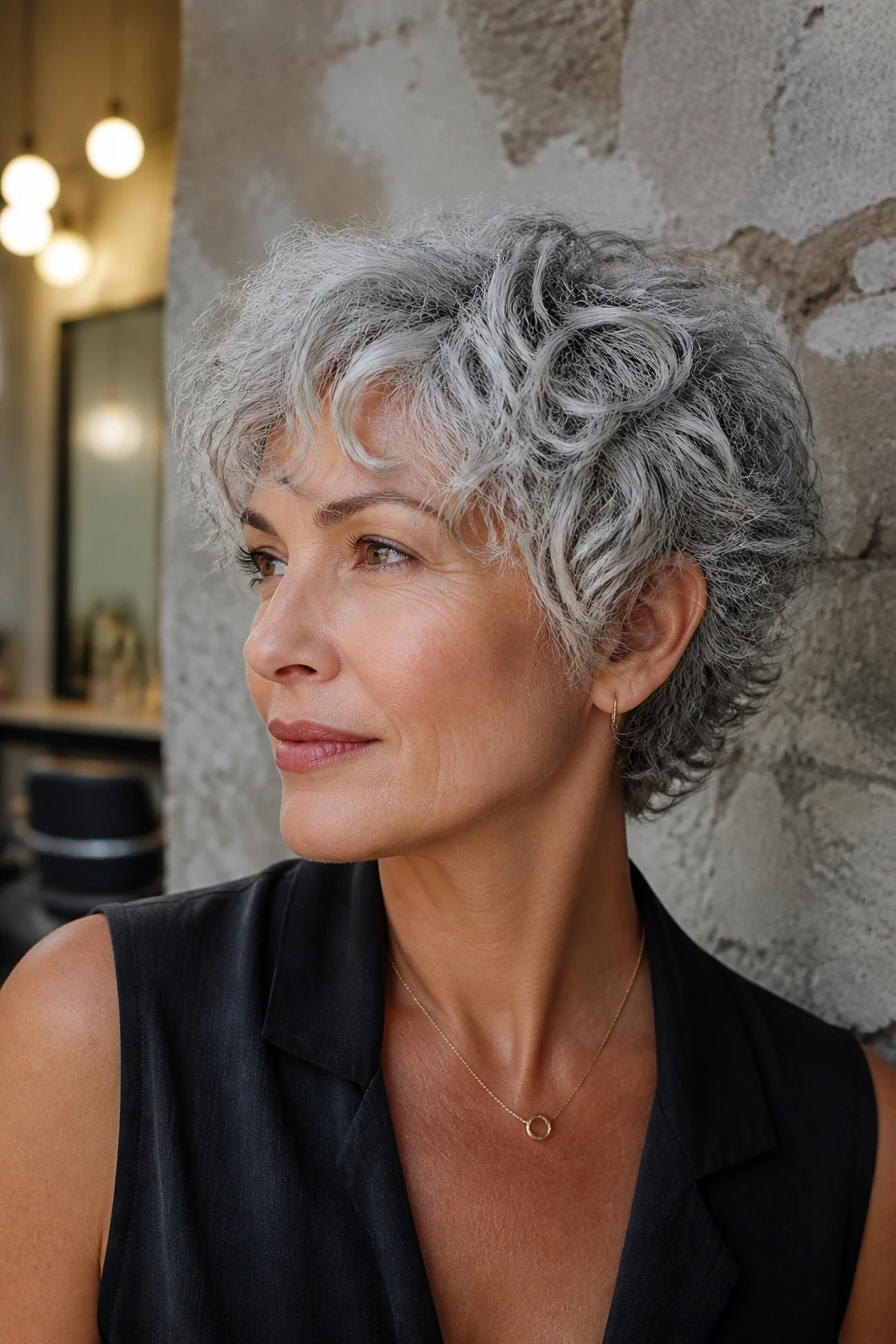Real person with dense curls in a choppy shag-pixie, emphasizing texture