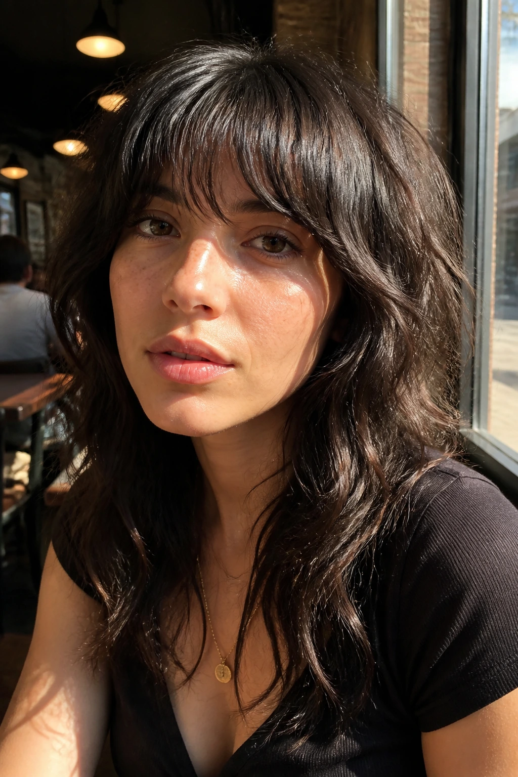Portrait of real person with choppy shag layers and textured bangs in warm window light