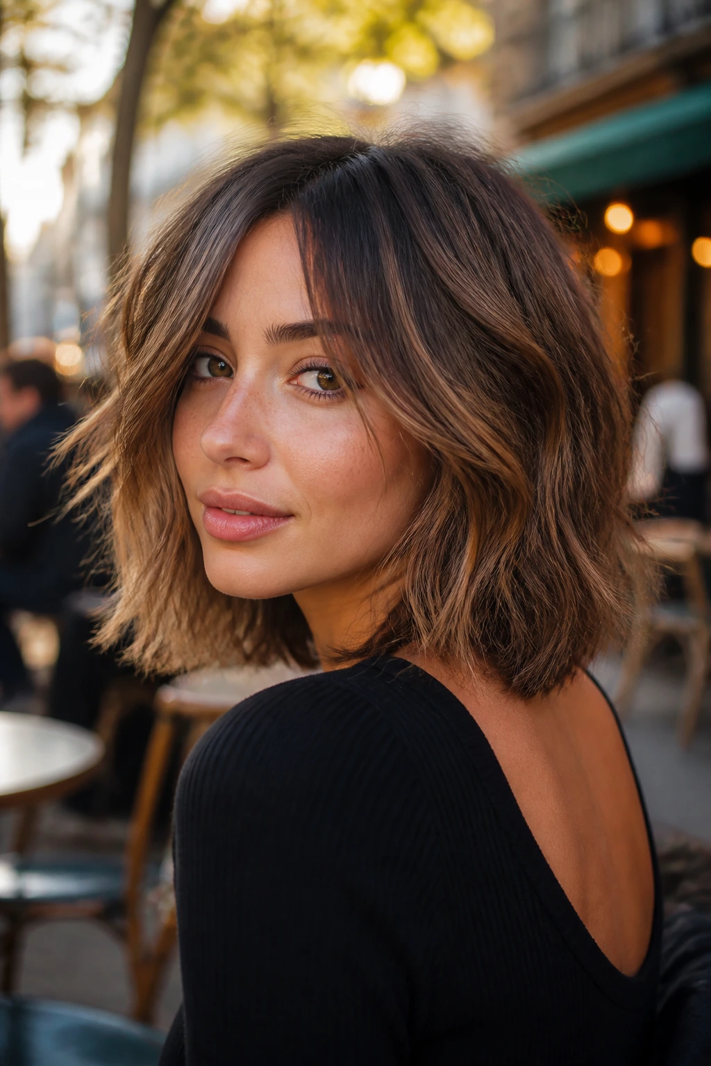 Real woman with choppy shoulder bob in golden hour light.