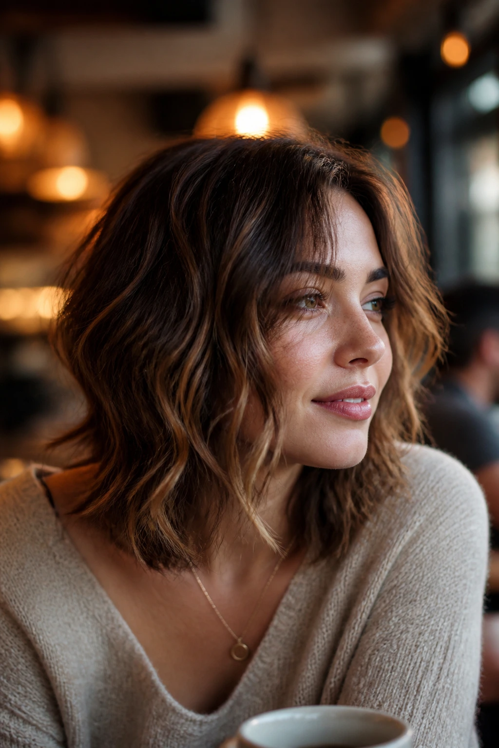 Real woman with choppy shoulder cut and light internal layers