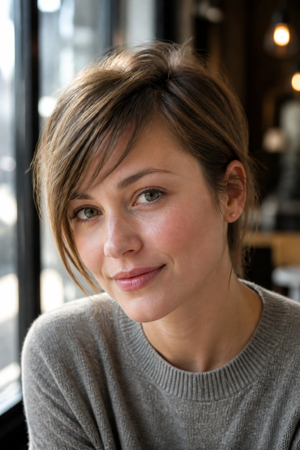 Close-up of real woman with choppy side bangs in cafe daylight