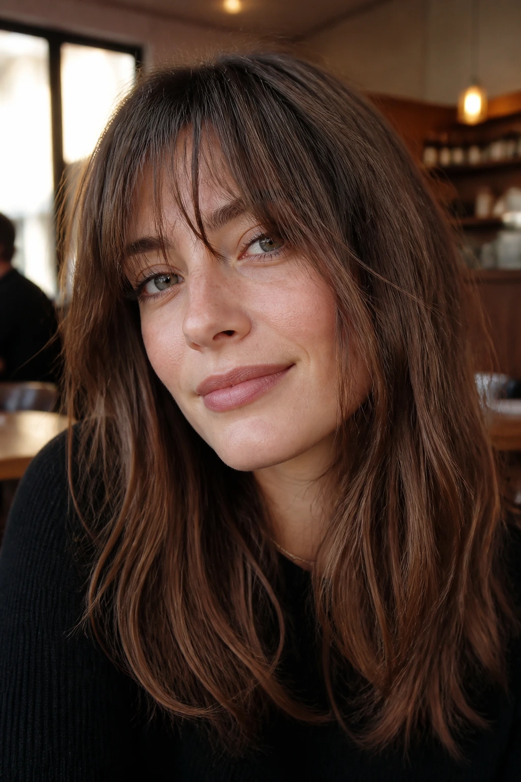 Close-up portrait of a real woman with choppy textured bangs in a warm indoor setting.