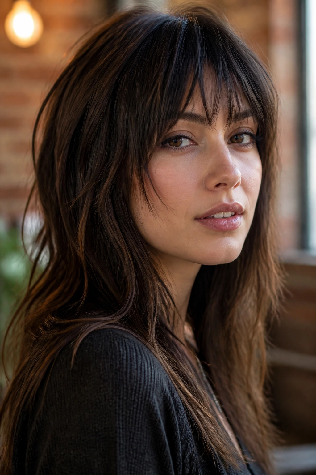 Portrait of a real person with choppy textured bangs in urban loft light