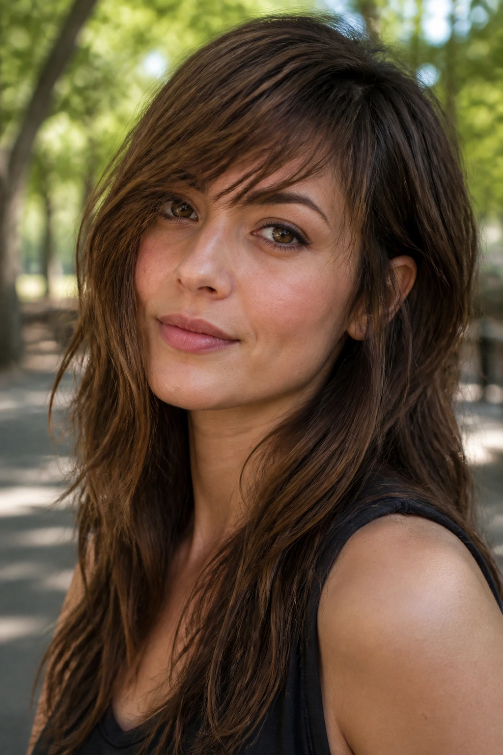 Close-up of a woman with choppy textured side bangs