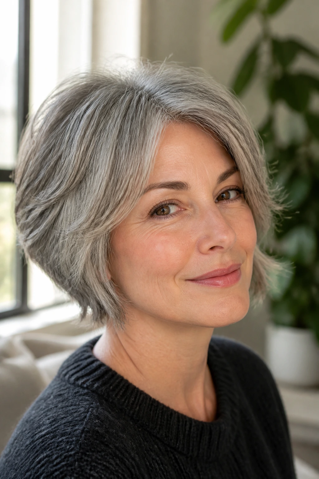 Close-up portrait of a real woman with a choppy textured bob and grey hair in a sunlit living room.